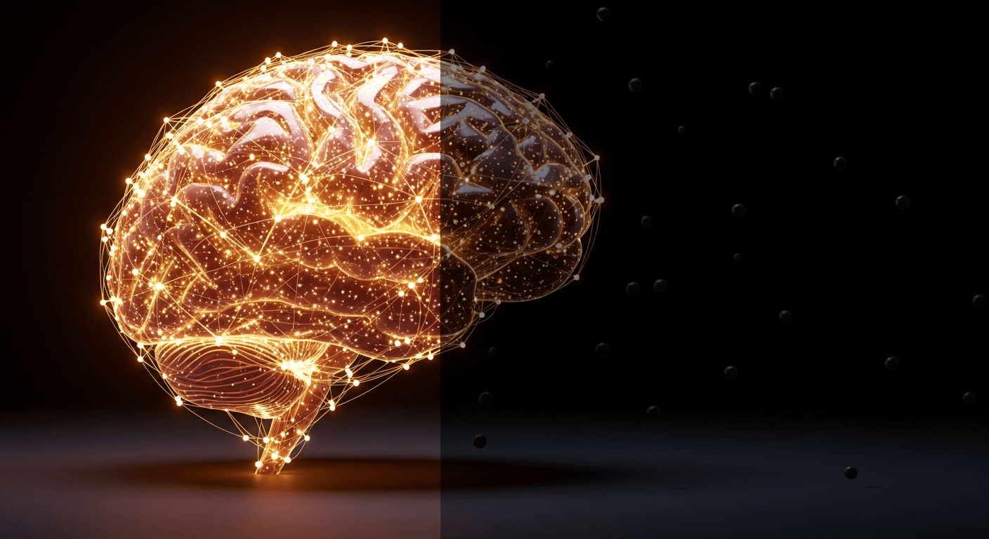 Split screen visualization showing glowing connected brain representing brand visibility vs darkness representing invisible brands